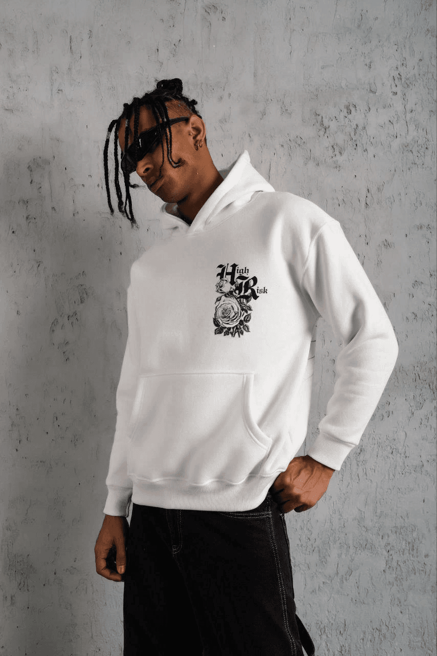 Erkek 3 İplik Pamuklu Kapüşonlu Baskılı Cepli Oversize Sweatshirt Hoodie - Beyaz — görsel 1 / 2