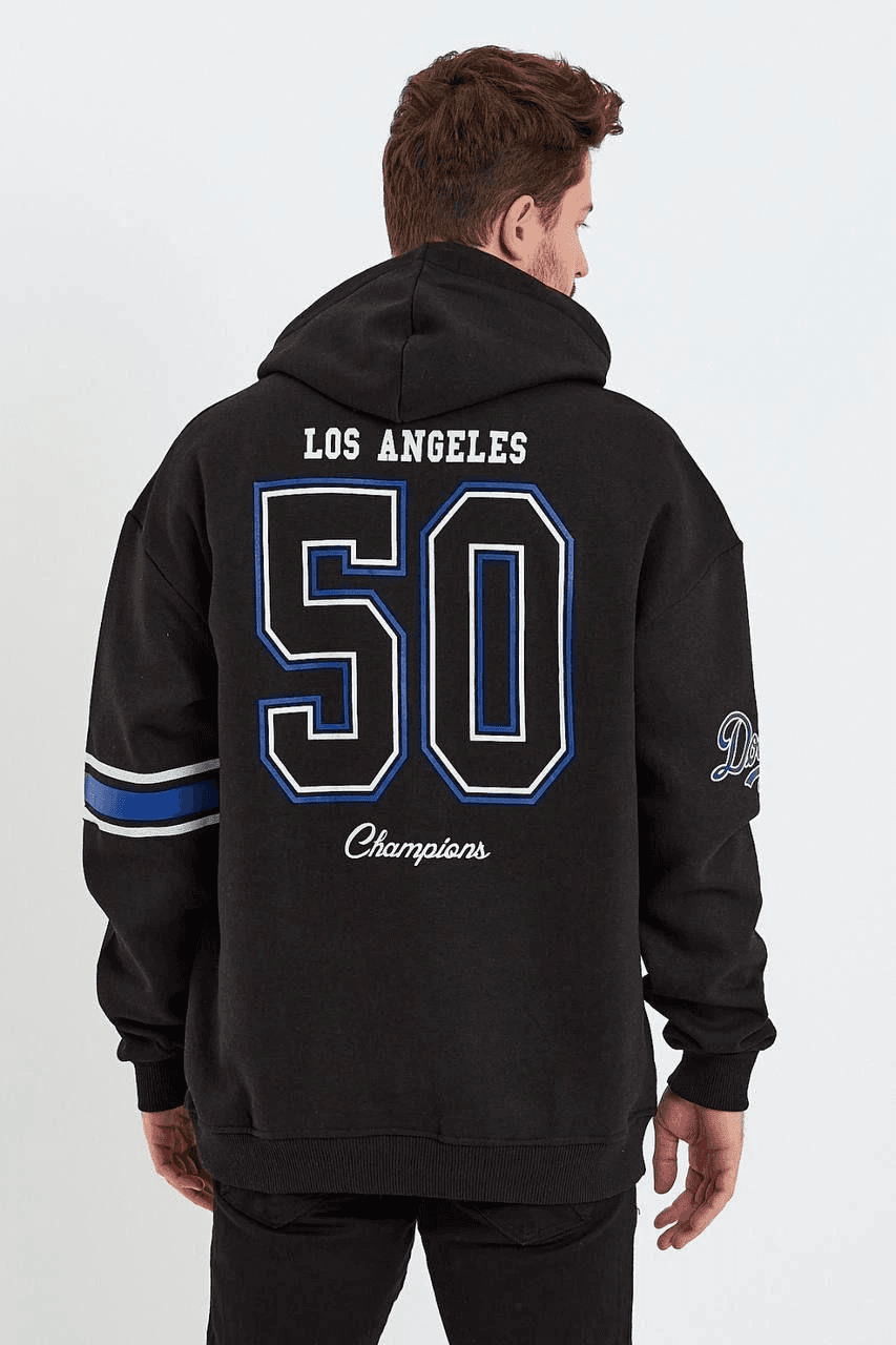 Erkek 3 İplik Pamuklu Kapüşonlu Baskılı Cepli Oversize Sweatshirt Hoodie - Siyah — görsel 1 / 2