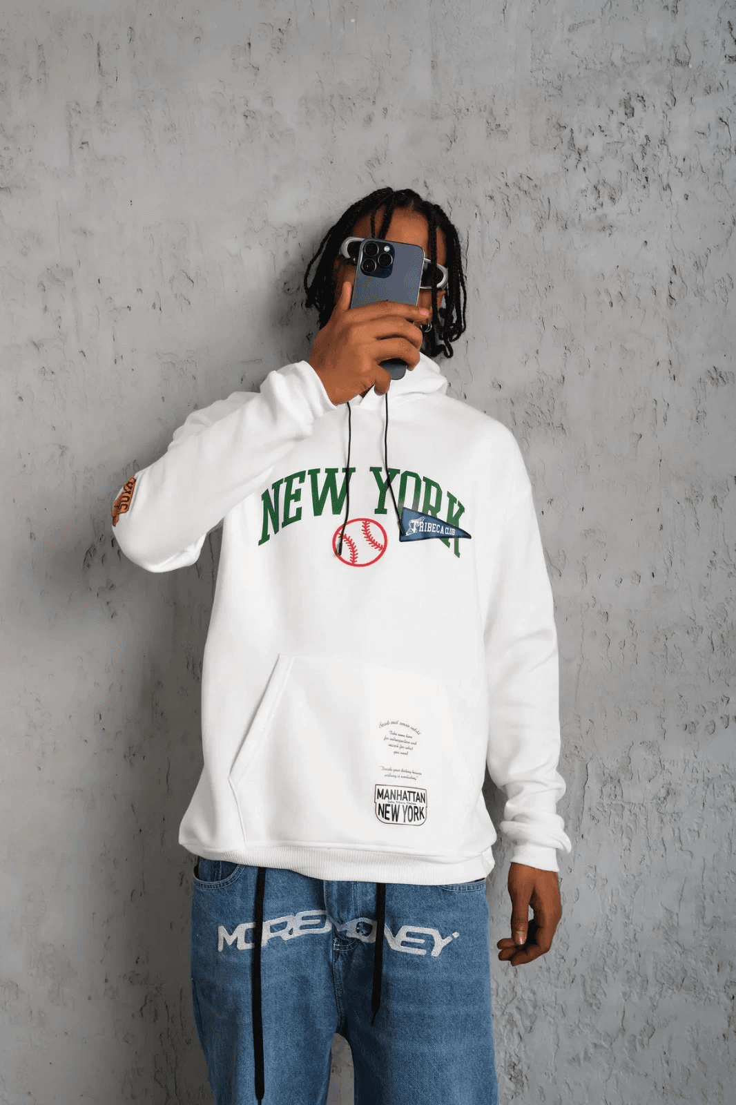Erkek 3 İplik Pamuklu Kapüşonlu Baskılı Cepli Oversize Sweatshirt Hoodie - Beyaz