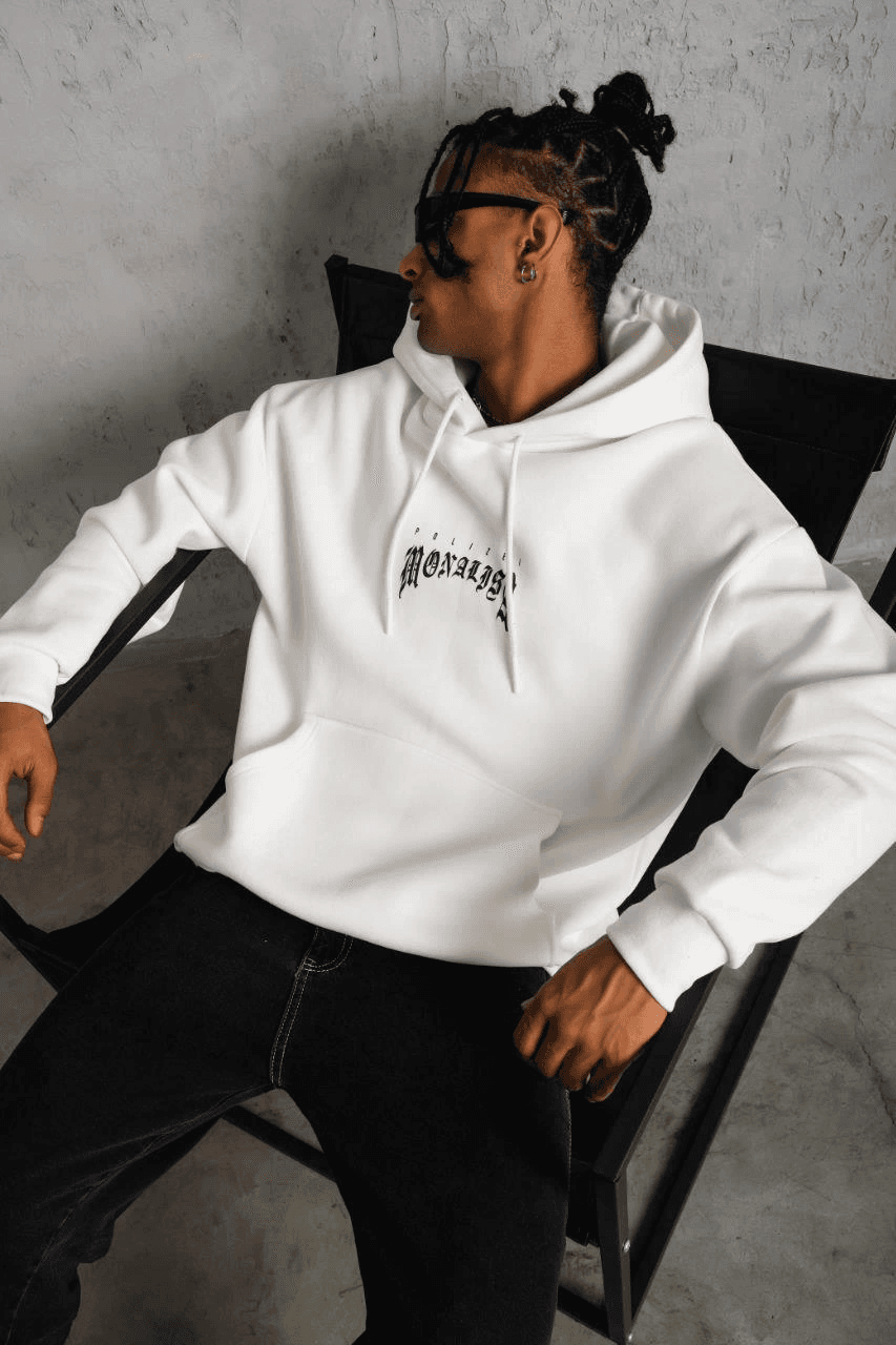 Erkek Baskılı Kapüşonlu ve Kanguru Cepli Sweatshirt hoodie - Beyaz — görsel 1 / 5