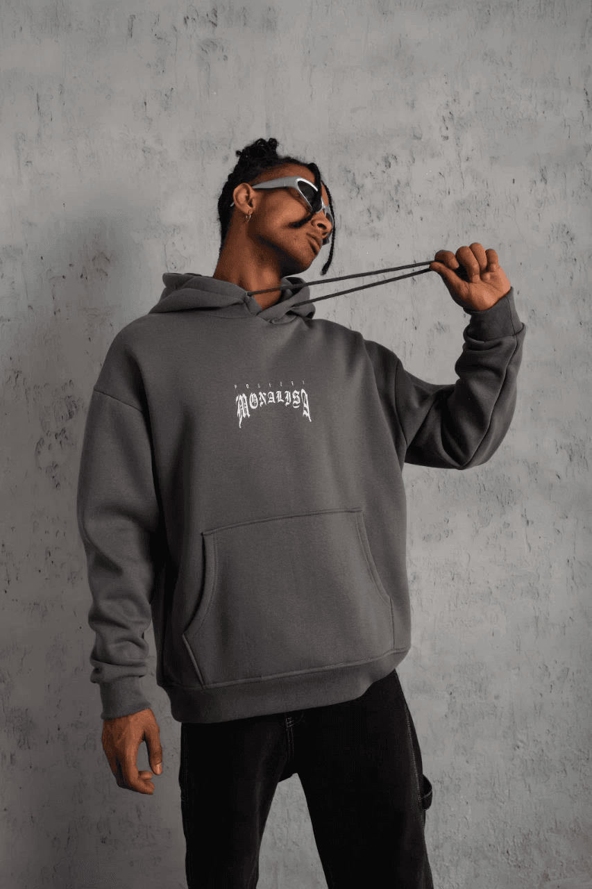 Erkek 3 İplik Pamuklu Kapüşonlu Baskılı Cepli Oversize Sweatshirt Hoodie - Gri — görsel 1 / 3