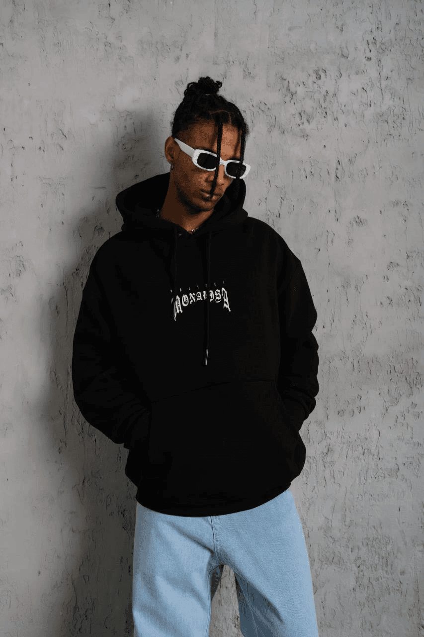 Erkek Baskılı Kapüşonlu ve Kanguru Cepli Sweatshirt hoodie- Siyah