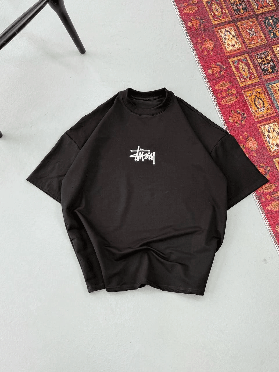 Erkek Kısa Kol Yazlık Tişört Bisiklet Yaka Baskılı Oversize T-Shirt - Siyah