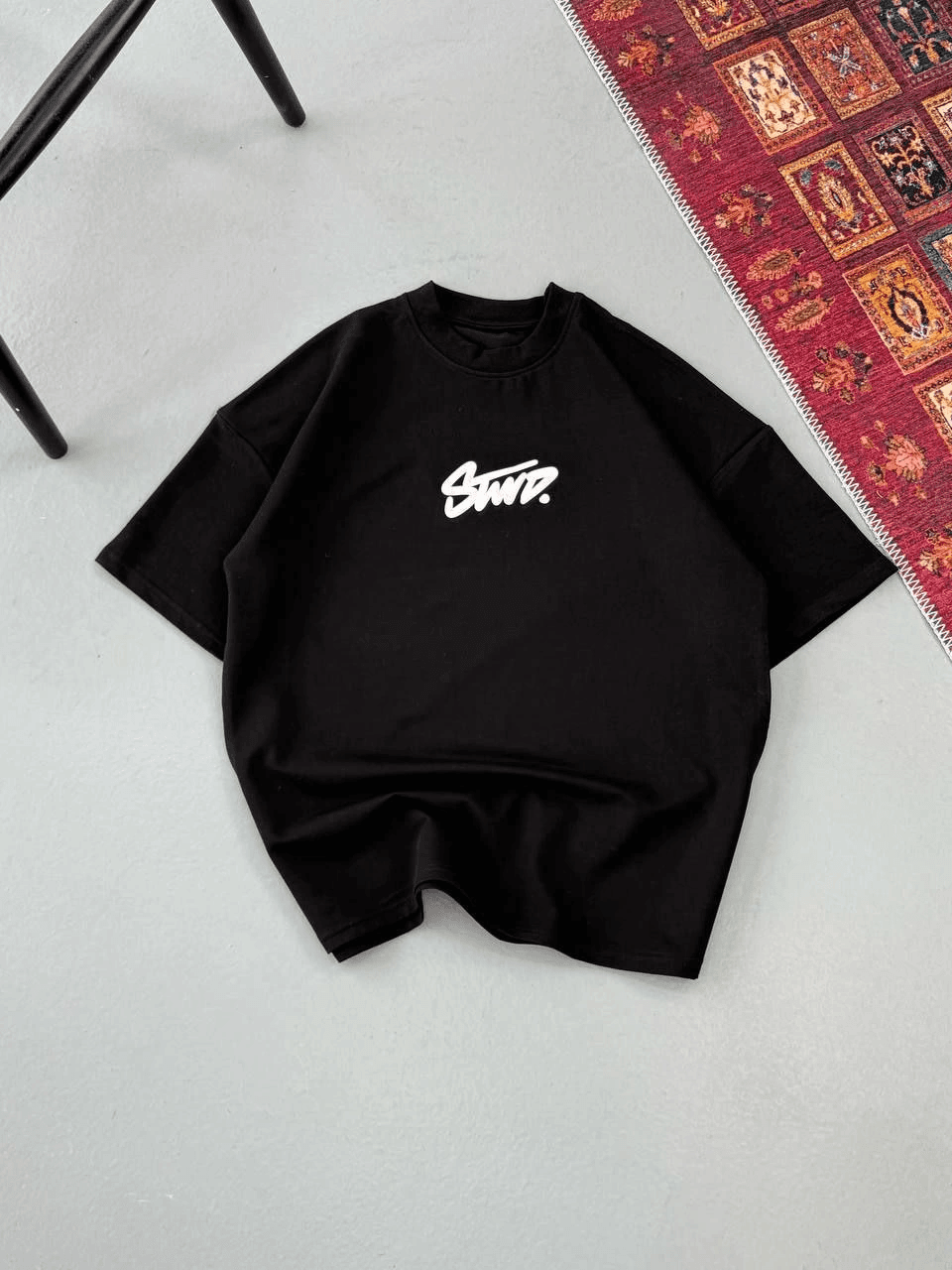 Erkek Kısa Kol Yazlık Tişört Bisiklet Yaka Baskılı Oversize T-Shirt - Siyah