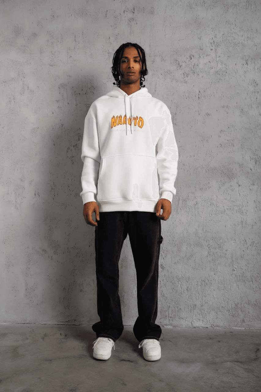 Erkek Baskılı Kapüşonlu 3 iplik pamuklu hoodie Sweatshirt - Beyaz