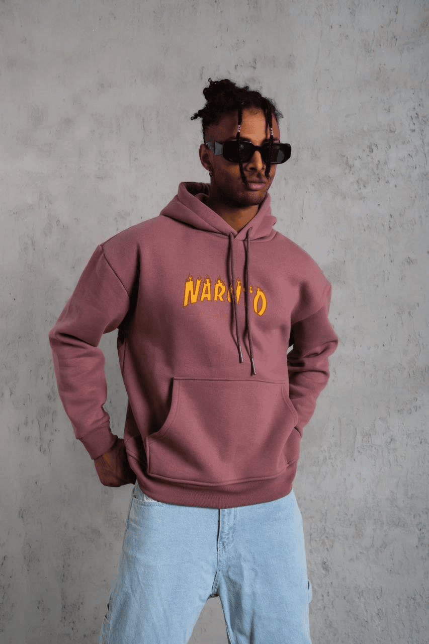 Erkek 3 İplik Pamuklu Kapüşonlu Baskılı Cepli Oversize Sweatshirt Hoodie - Gül Kurusu — görsel 1 / 2