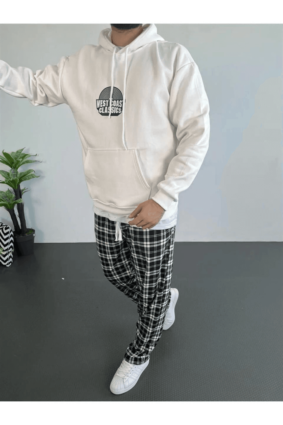 Erkek 3 İplik Pamuklu Kapüşonlu Baskılı Cepli Oversize Sweatshirt Hoodie - Beyaz