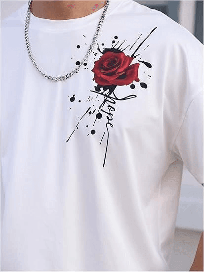 Erkek Kısa Kol Yazlık Tişört Bisiklet Yaka GÜL Baskılı T-Shirt - Beyaz — görsel 1 / 4