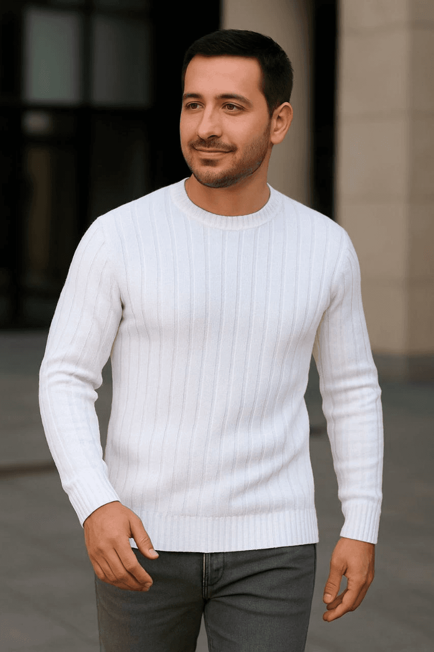 Erkek Bisiklet Yaka Triko Kazak Pamuklu Kalın Fitilli Dokuma Regular Fit - Beyaz — görsel 1 / 4