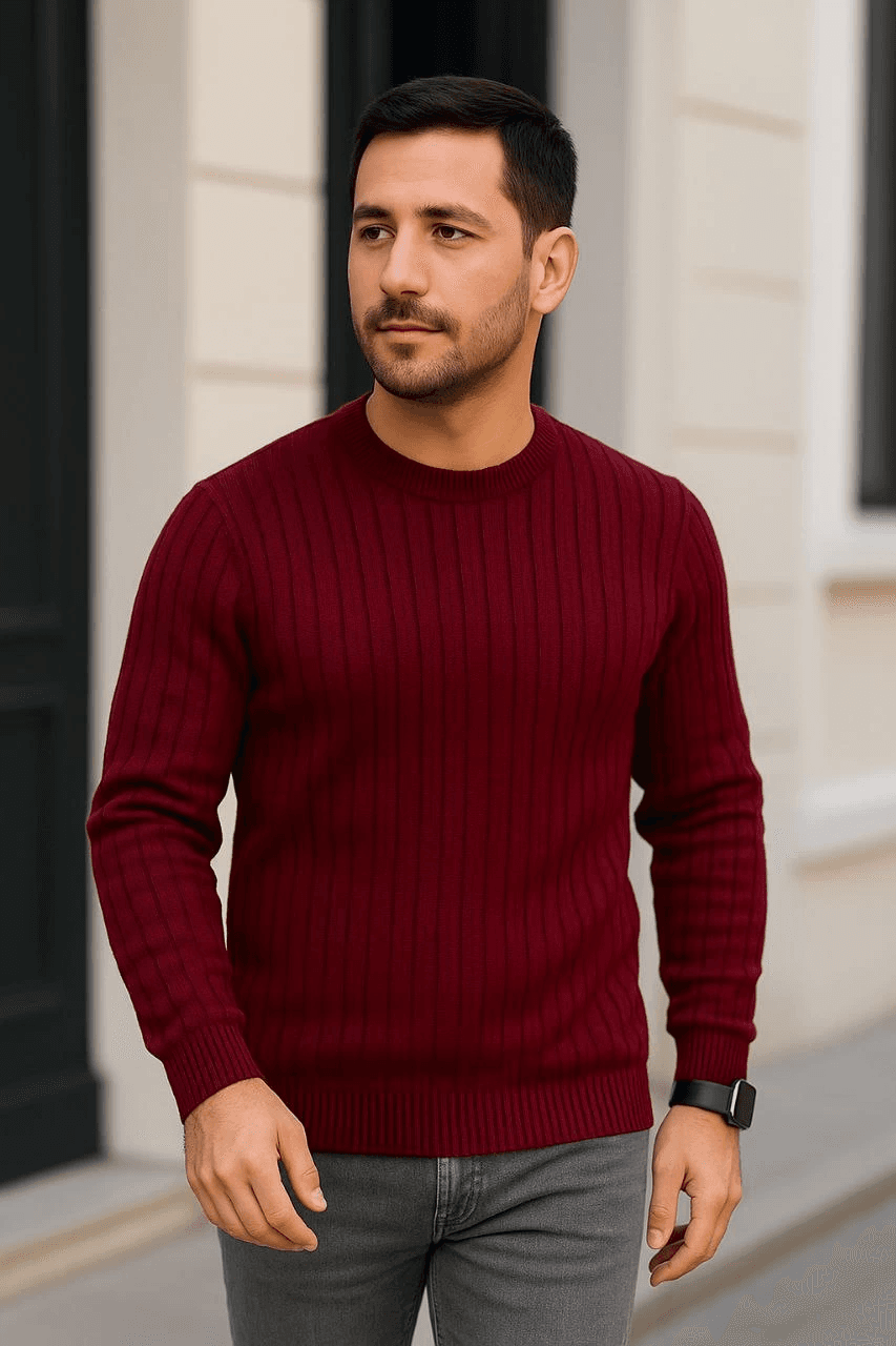 Erkek Bisiklet Yaka Triko Kazak Pamuklu Kalın Fitilli Dokuma Regular Fit - Bordo