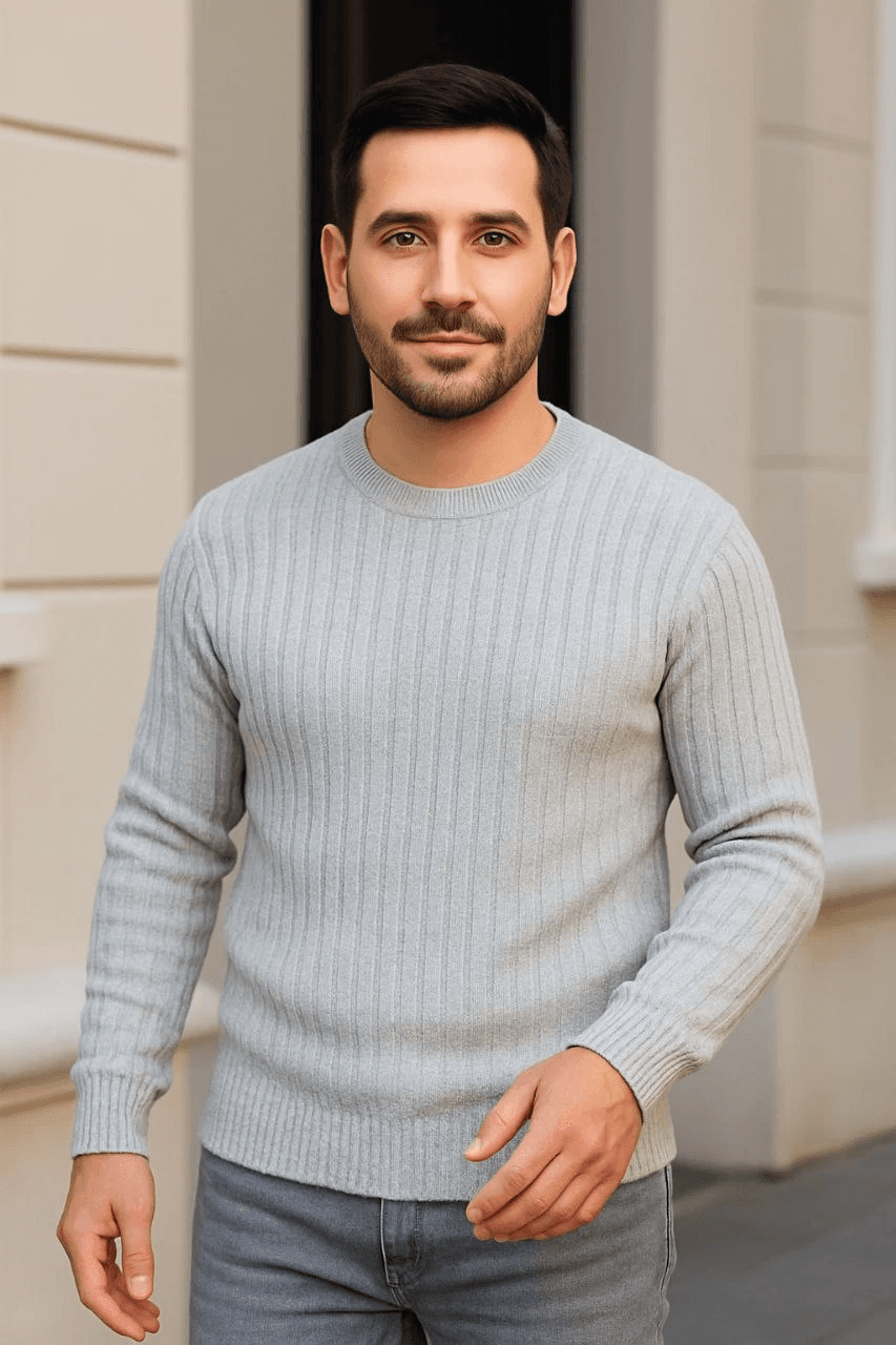 Erkek Bisiklet Yaka Triko Kazak Pamuklu Kalın Fitilli Dokuma Regular Fit - Gri — görsel 1 / 4