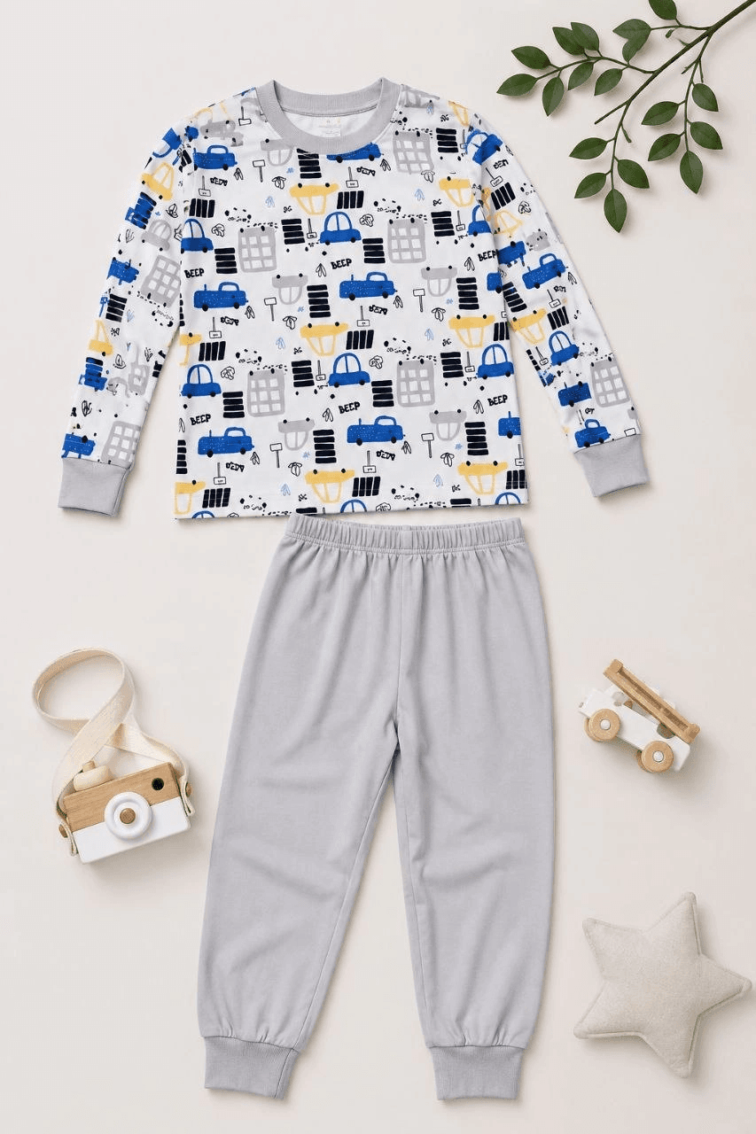 Erkek Çocuk Premium Penye Uzun Kollu Desenli Pijama Takımı 2-11 Yaş - Gri