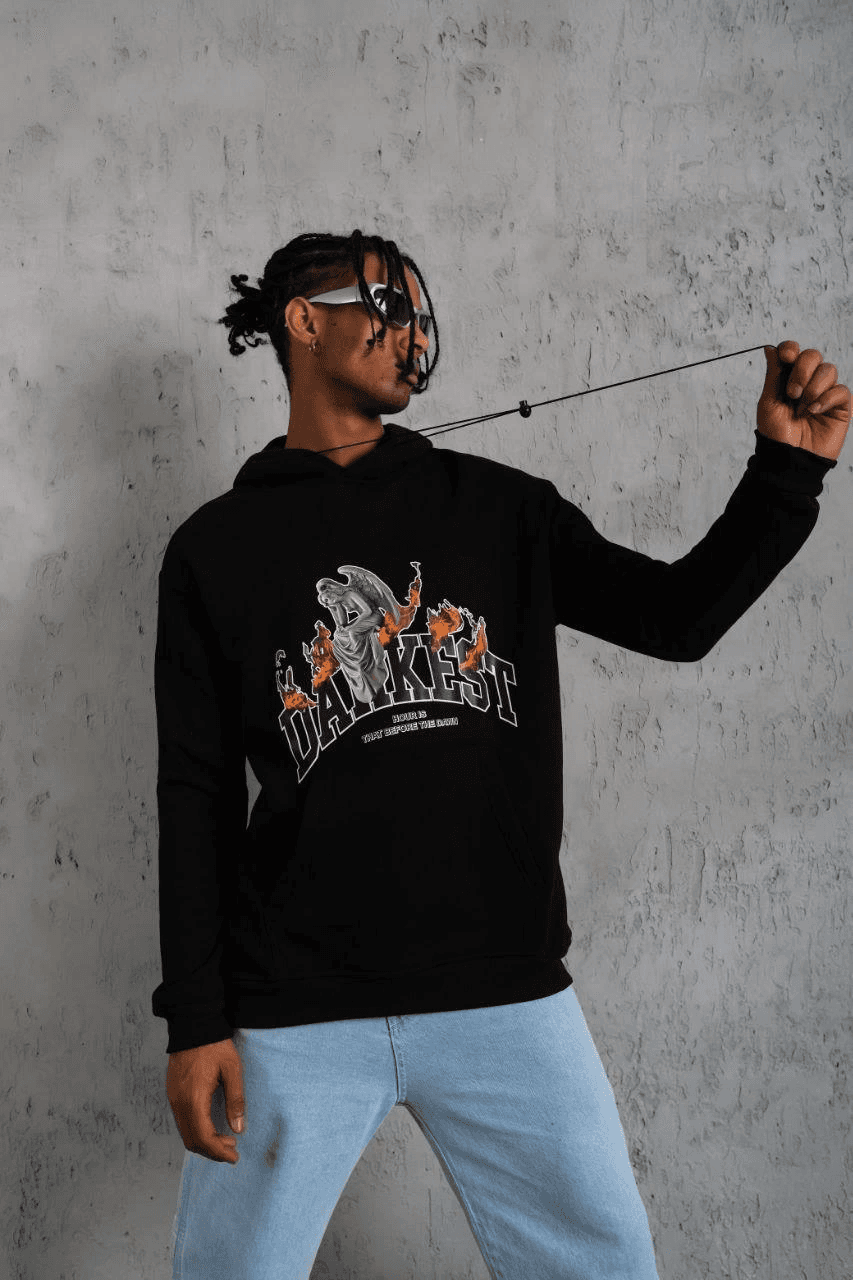 Erkek Kapüşonlu Kanguru Cepli Sweatshirt 3 İplik Pamuklu Baskılı Hoodie - Siyah