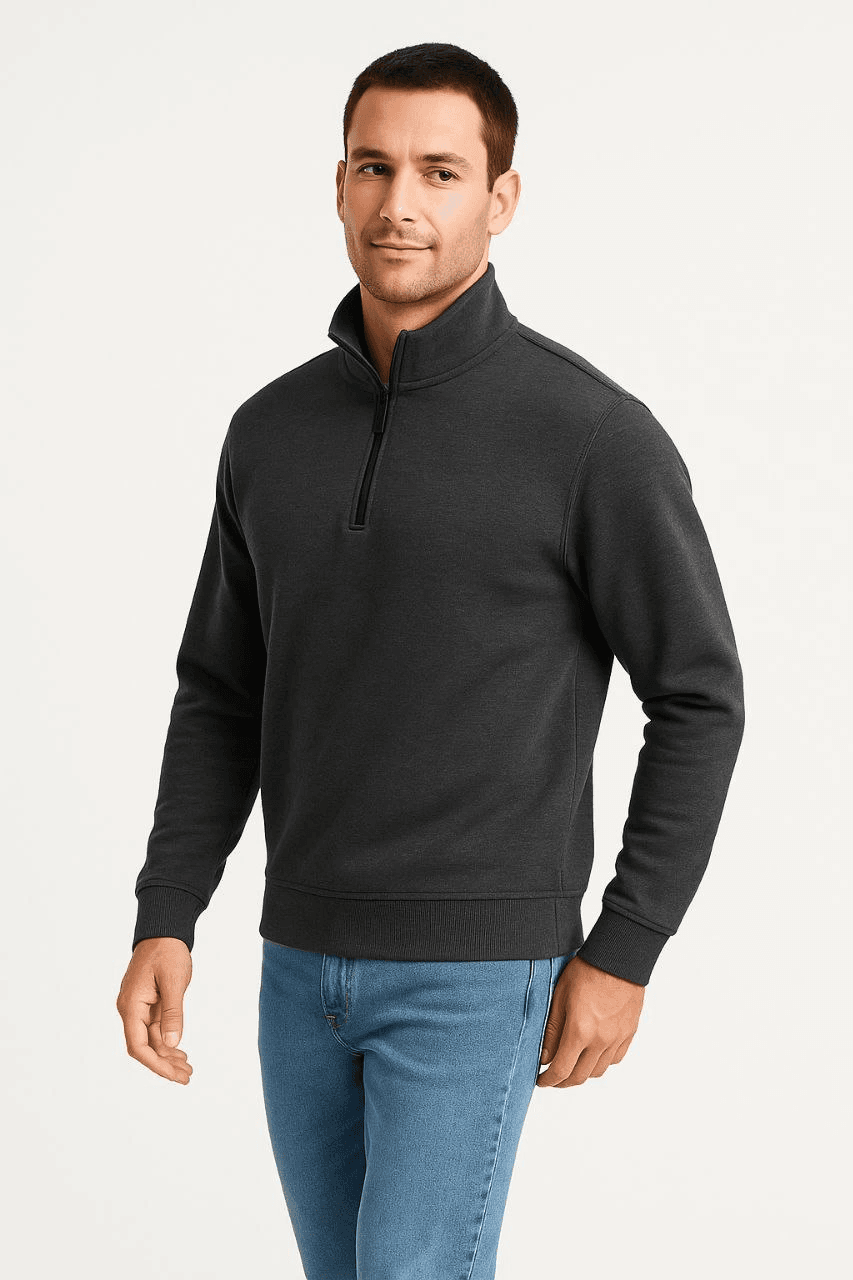 Erkek Dik Yaka Yarım Fermuarlı 3 İplik Pamuklu Sweatshirt - Antrasit — görsel 1 / 3