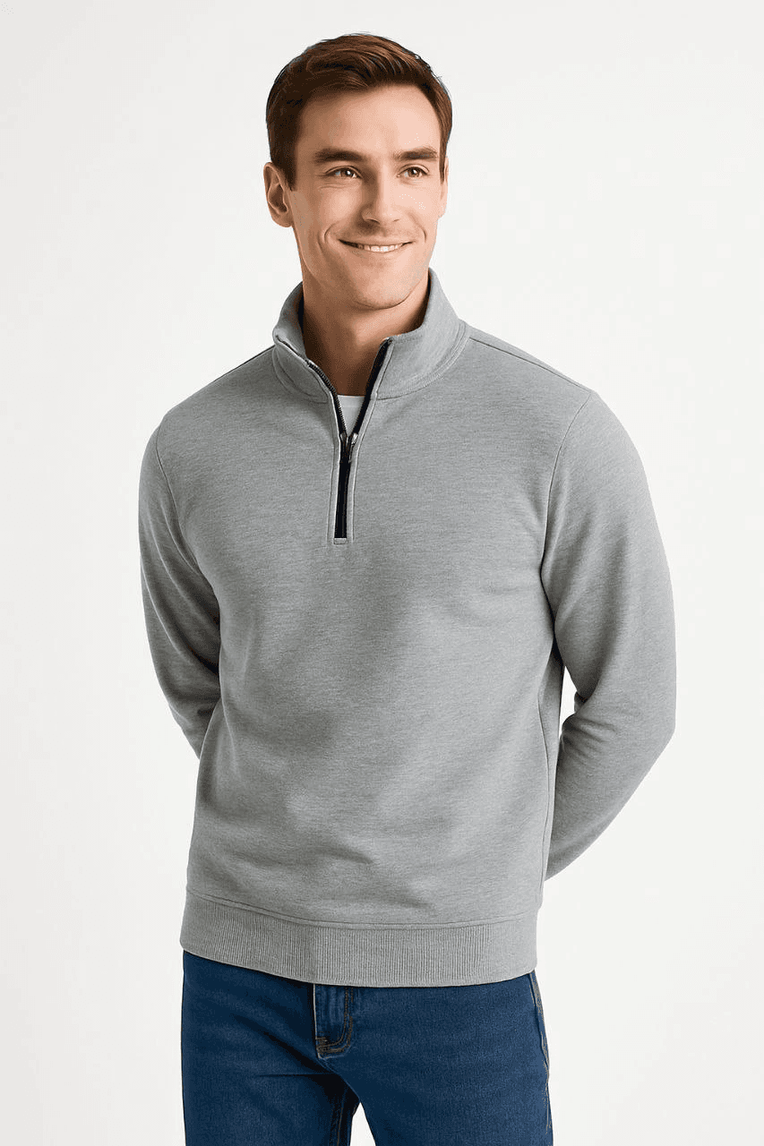 Erkek Dik Yaka Yarım Fermuarlı 3 İplik Pamuklu Sweatshirt - Gri