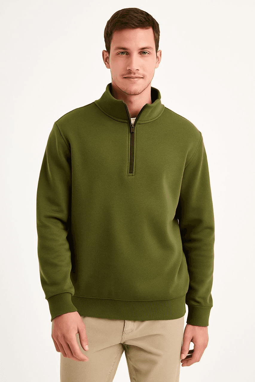 Erkek Dik Yaka Sweatshirt Dik Yaka Yarım Fermuarlı 3 İplik Şardonlu Pamuk Kumaş - Haki — görsel 1 / 4