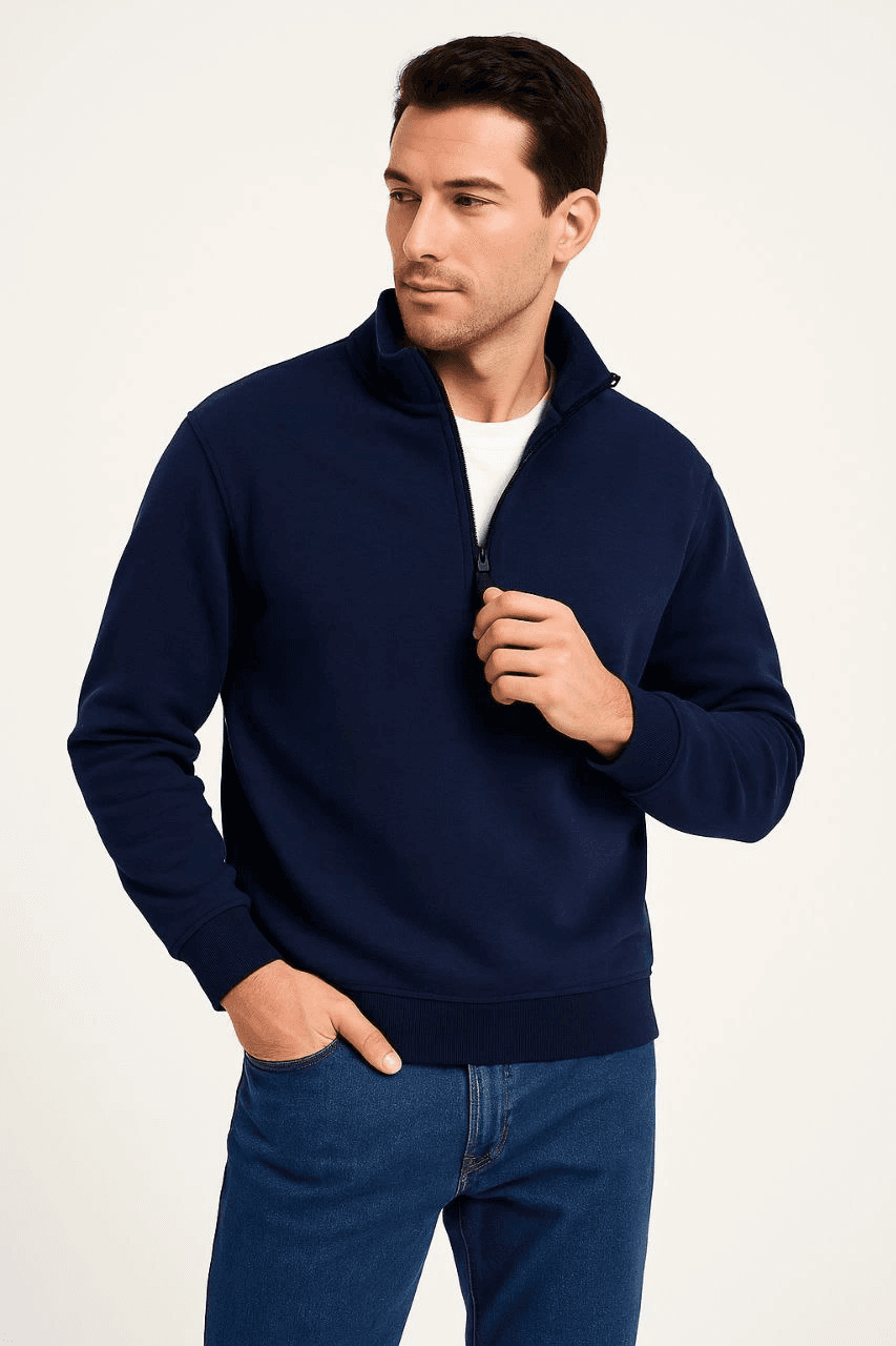 Erkek Dik Yaka Sweatshirt Dik Yaka Yarım Fermuarlı 3 İplik Pamuk Kumaş - Lacivert