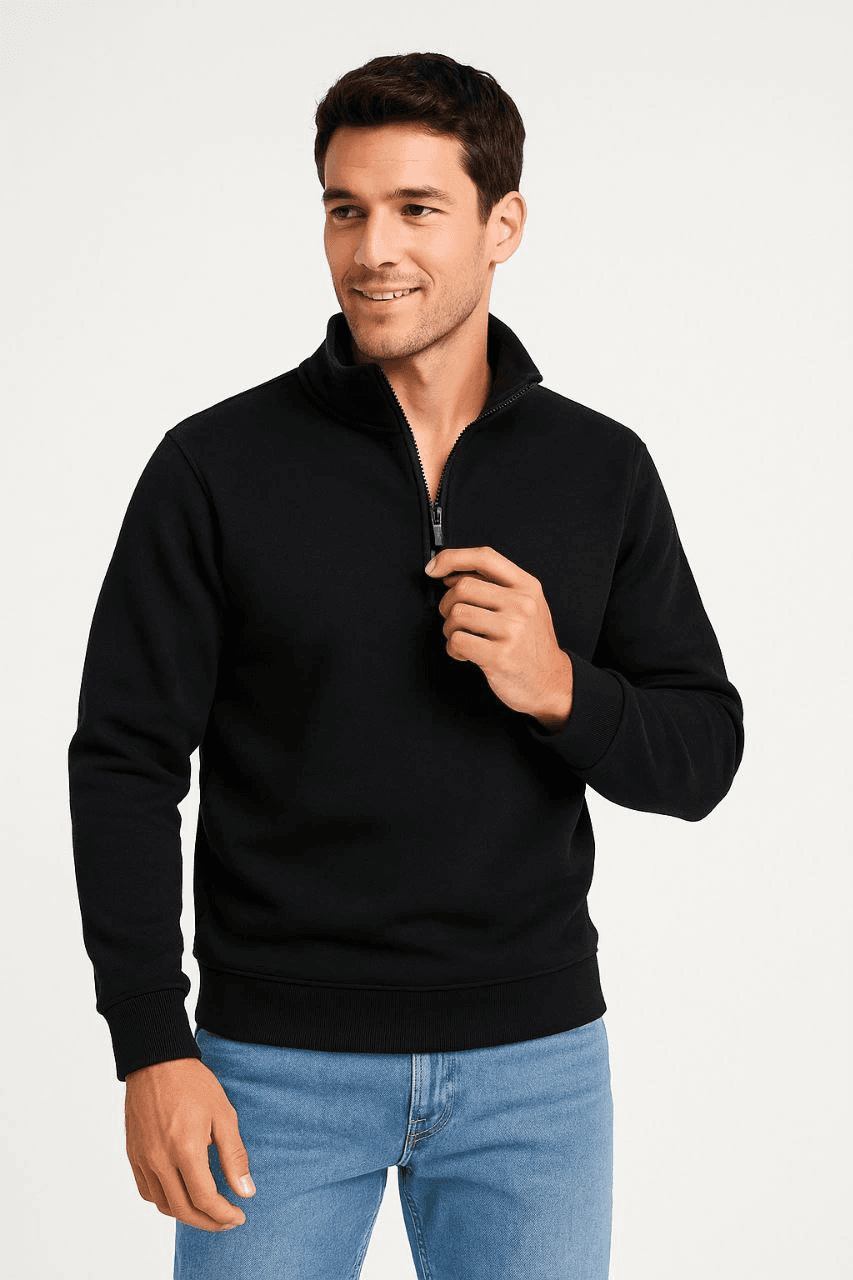 Erkek Dik Yaka Sweatshirt Dik Yaka Yarım Fermuarlı 3 İplik Pamuk Kumaş - Siyah — görsel 1 / 8