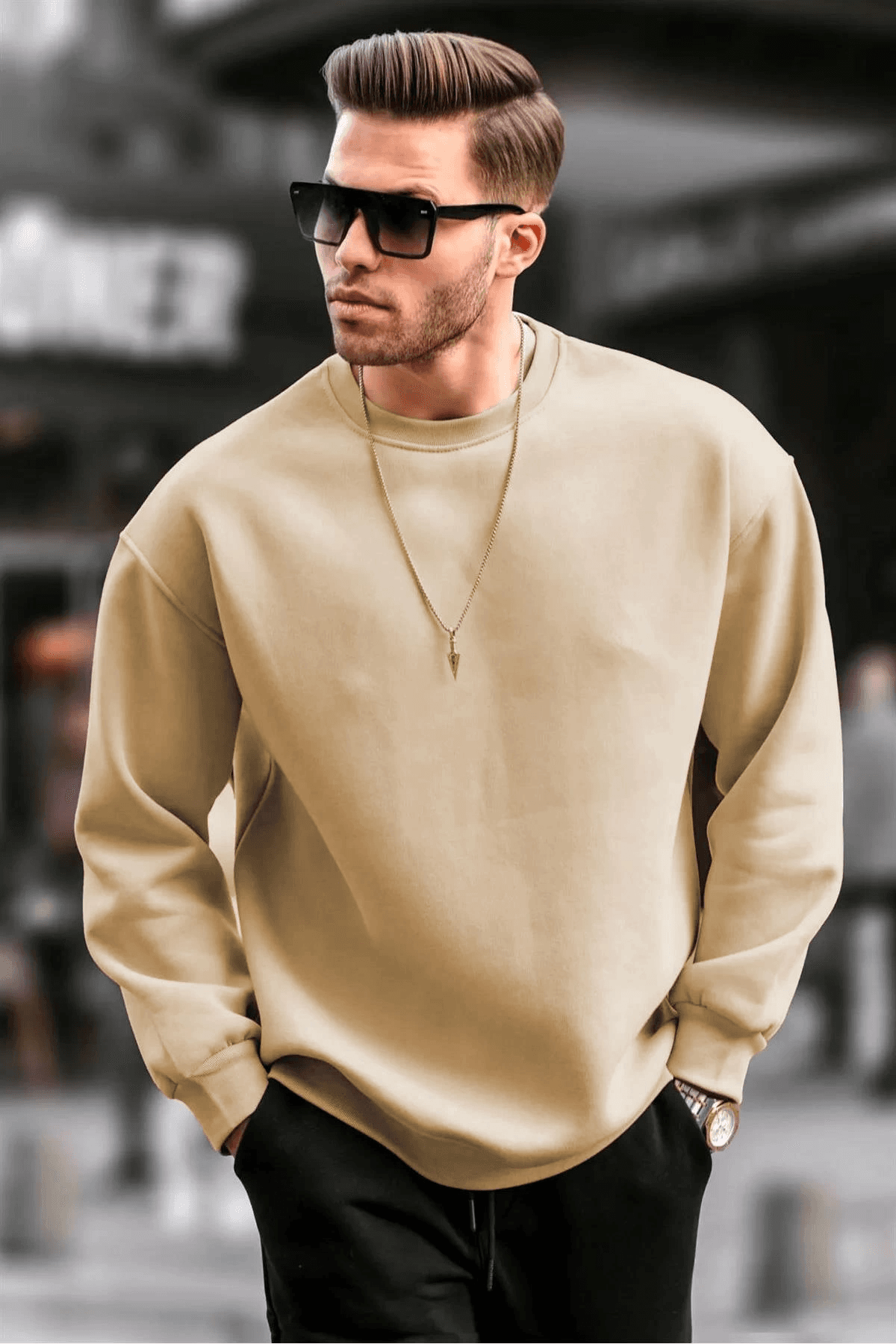 Erkek Düz Bisiklet Yaka 3 iplik pamuklu Sweatshirt - Bej — görsel 1 / 2