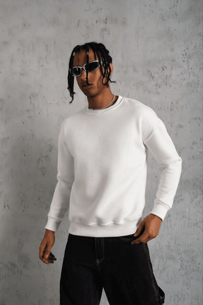 Erkek Düz Bisiklet Yaka 3 iplik pamuklu Sweatshirt - Beyaz — görsel 1 / 2