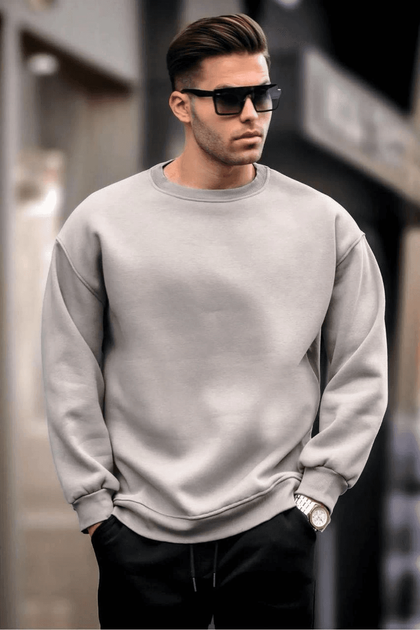 Erkek Düz Bisiklet Yaka 3 iplik Sweatshirt - Boyalı Gri — görsel 1 / 3
