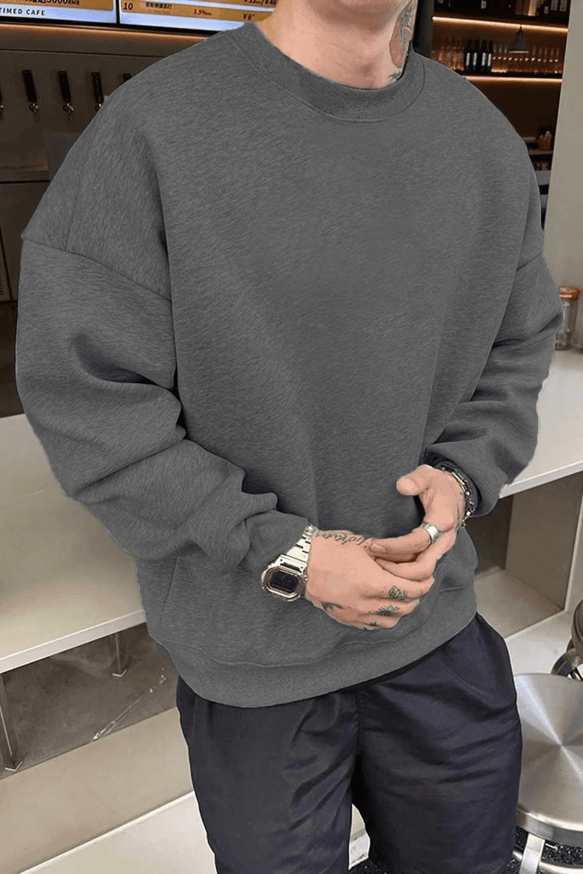Erkek Düz Bisiklet Yaka 3 iplik pamuklu sweatshirt - Füme