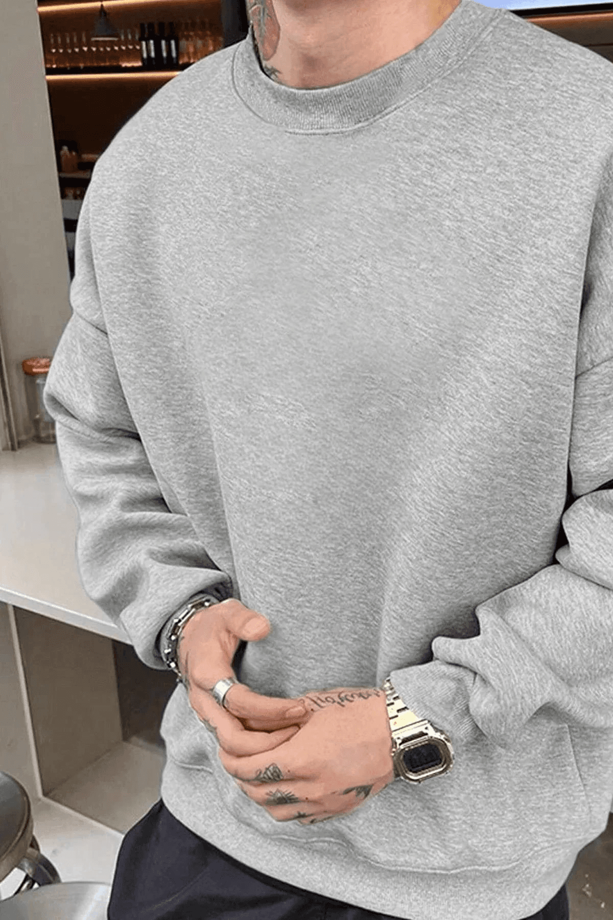 Erkek Düz Bisiklet Yaka 3 iplik pamuklu sweatshirt - Gri