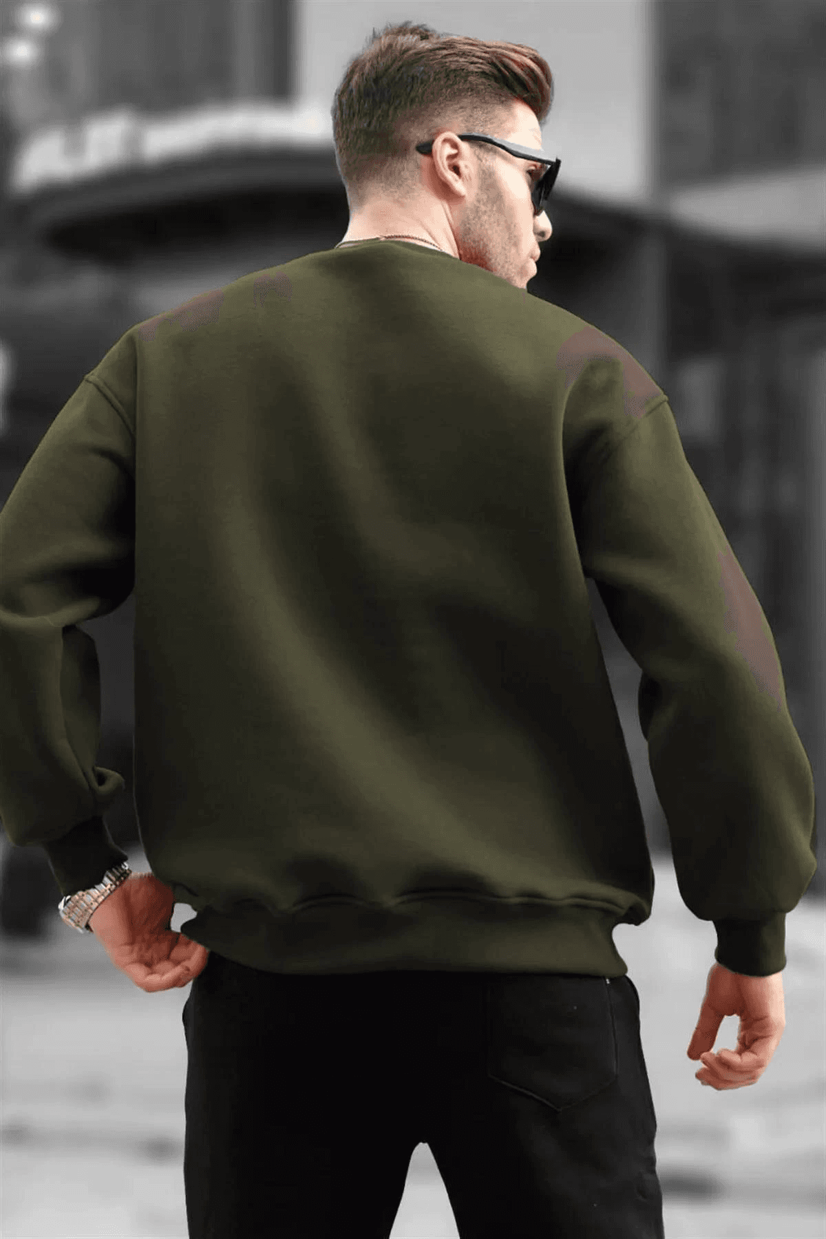 Erkek Düz Bisiklet Yaka 3 İplik Sweatshirt - Yeşil