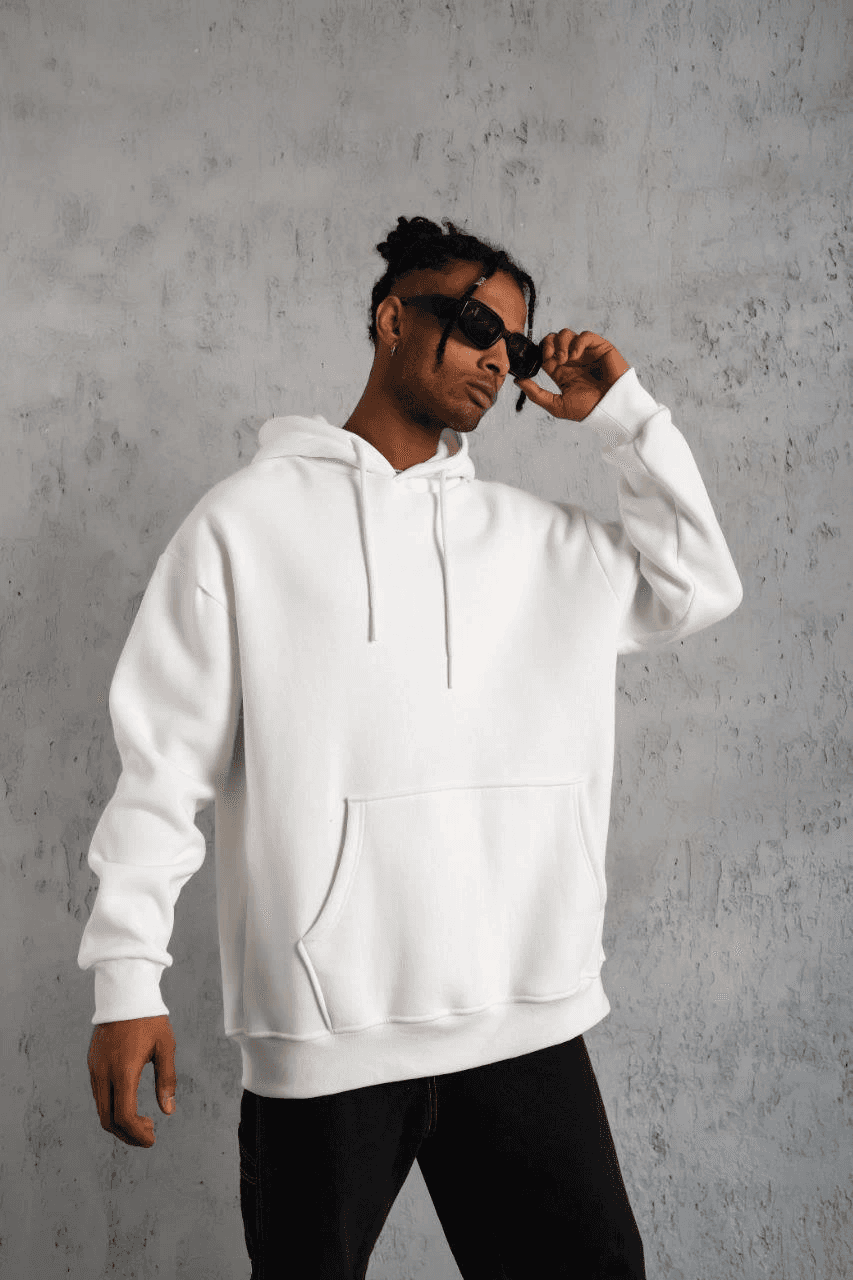 Erkek 3 İplik Pamuklu Kapüşonlu Kanguru Cepli Sweatshirt Hoodie - Beyaz — görsel 1 / 5