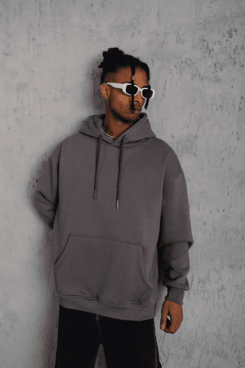 Erkek 3 İplik Pamuklu Kapüşonlu Kanguru Cepli Sweatshirt Hoodie - Gri — görsel 1 / 2