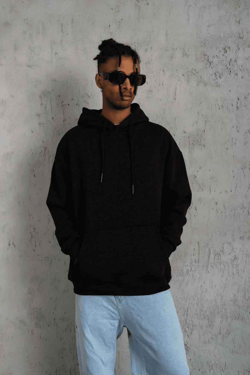 Erkek 3 İplik Pamuklu Kapüşonlu Kanguru Cepli Sweatshirt Hoodie - Siyah — görsel 1 / 5