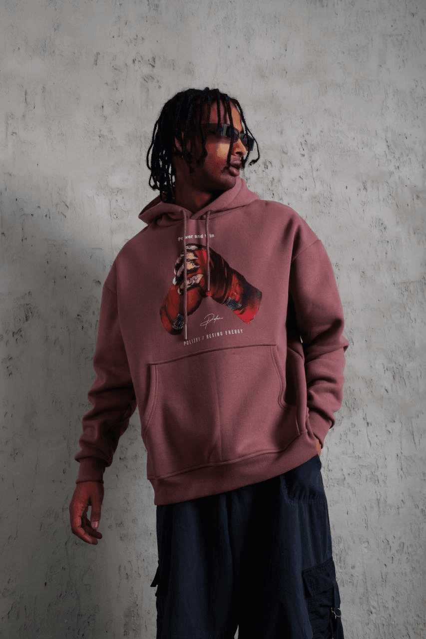 Erkek Kapüşonlu Cepli Box Eldiven Baskılı 3 İplik Sweatshirt Hoodie - Gül Kurusu — görsel 1 / 4