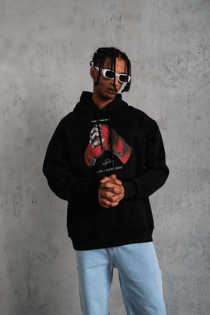 Erkek Kapüşonlu Cepli Box Eldiven Baskılı 3 İplik Sweatshirt Hoodie - Siyah — görsel 1 / 4
