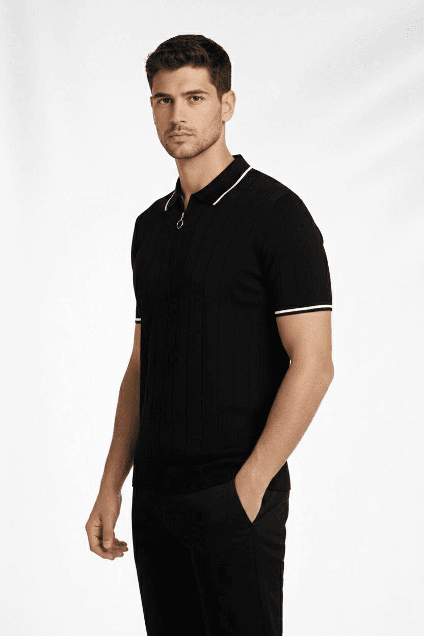 Erkek Yazlık Dokuma Triko Tişört Fermuarlı Polo Yaka Kısa Kol T-Shirt - Siyah