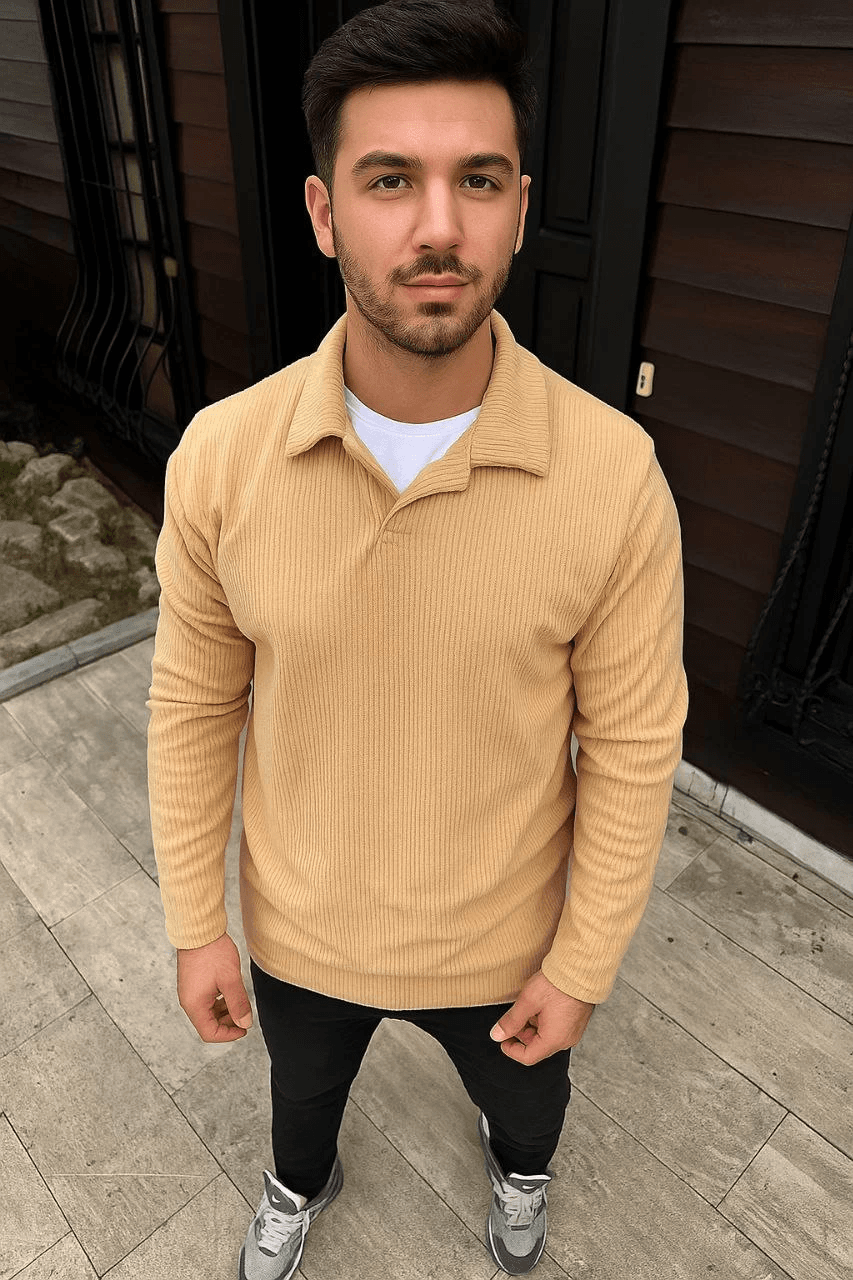 Erkek Fitilli Polar Sweatshirt Düğmesiz Yaka Oversize - Bej