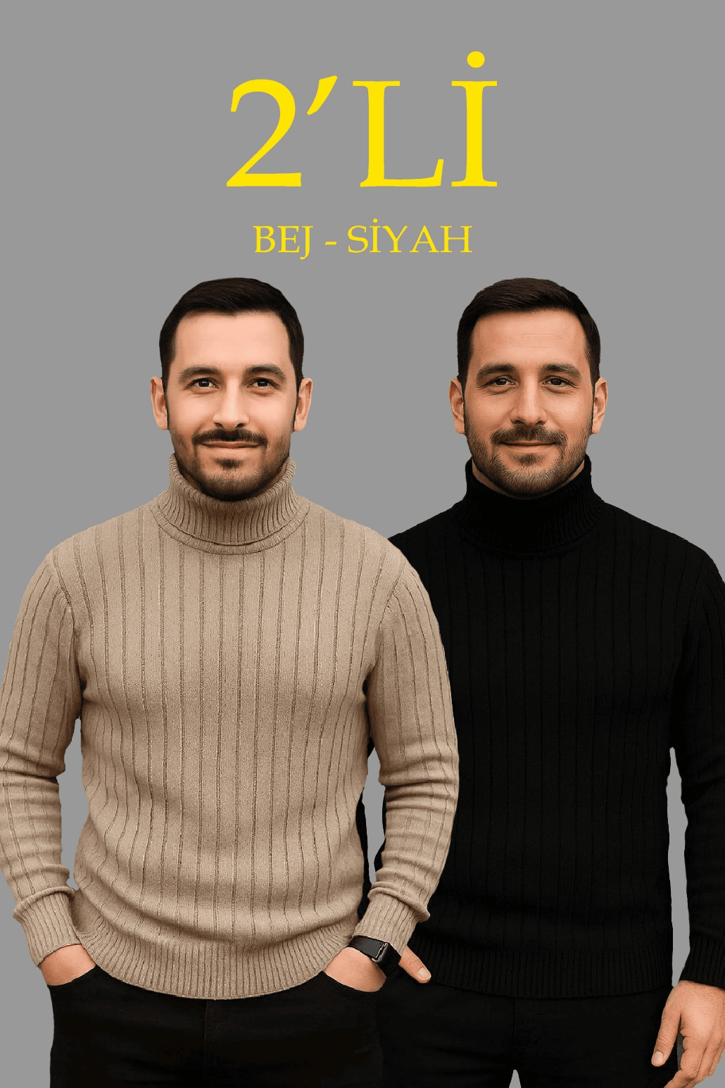 Erkek Fitilli Kazak Tam Boğazlı Balıkçı Yaka Triko 2'li Set Bej-Siyah
