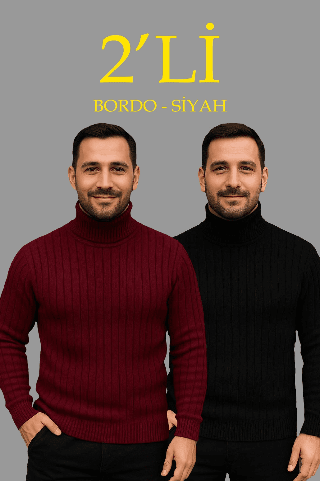 Erkek Fitilli Kazak Tam Boğazlı Balıkçı Yaka Triko 2'li Set Bordo-Siyah — görsel 1 / 8