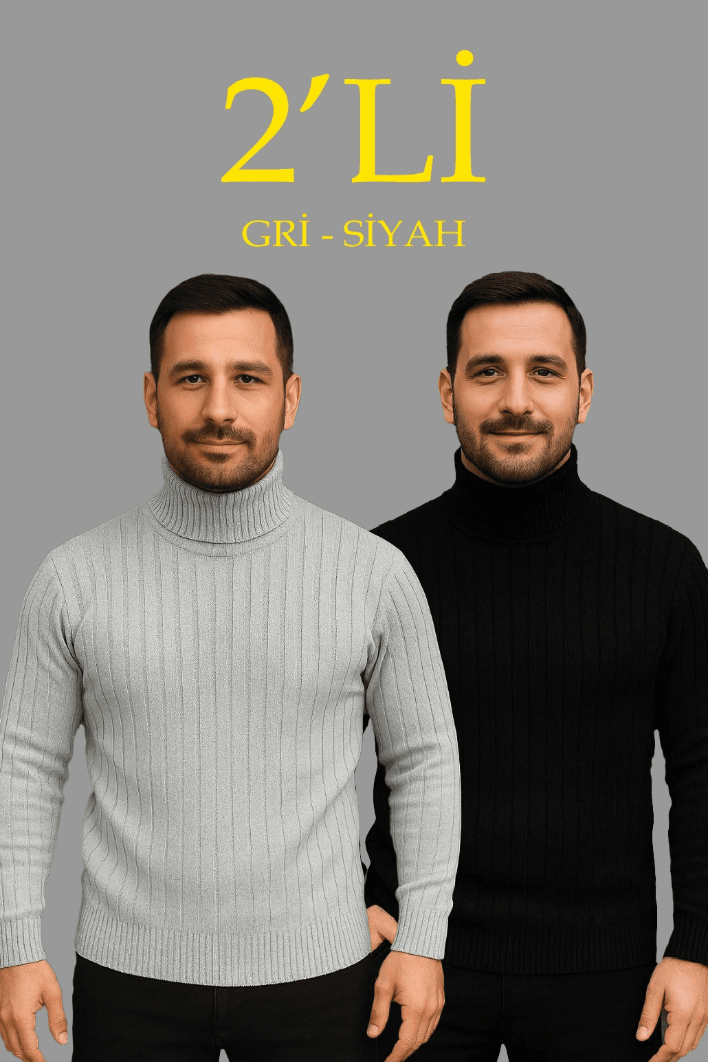 Erkek Fitilli Kazak Tam Boğazlı Balıkçı Yaka Triko 2'li Set Gri-Siyah