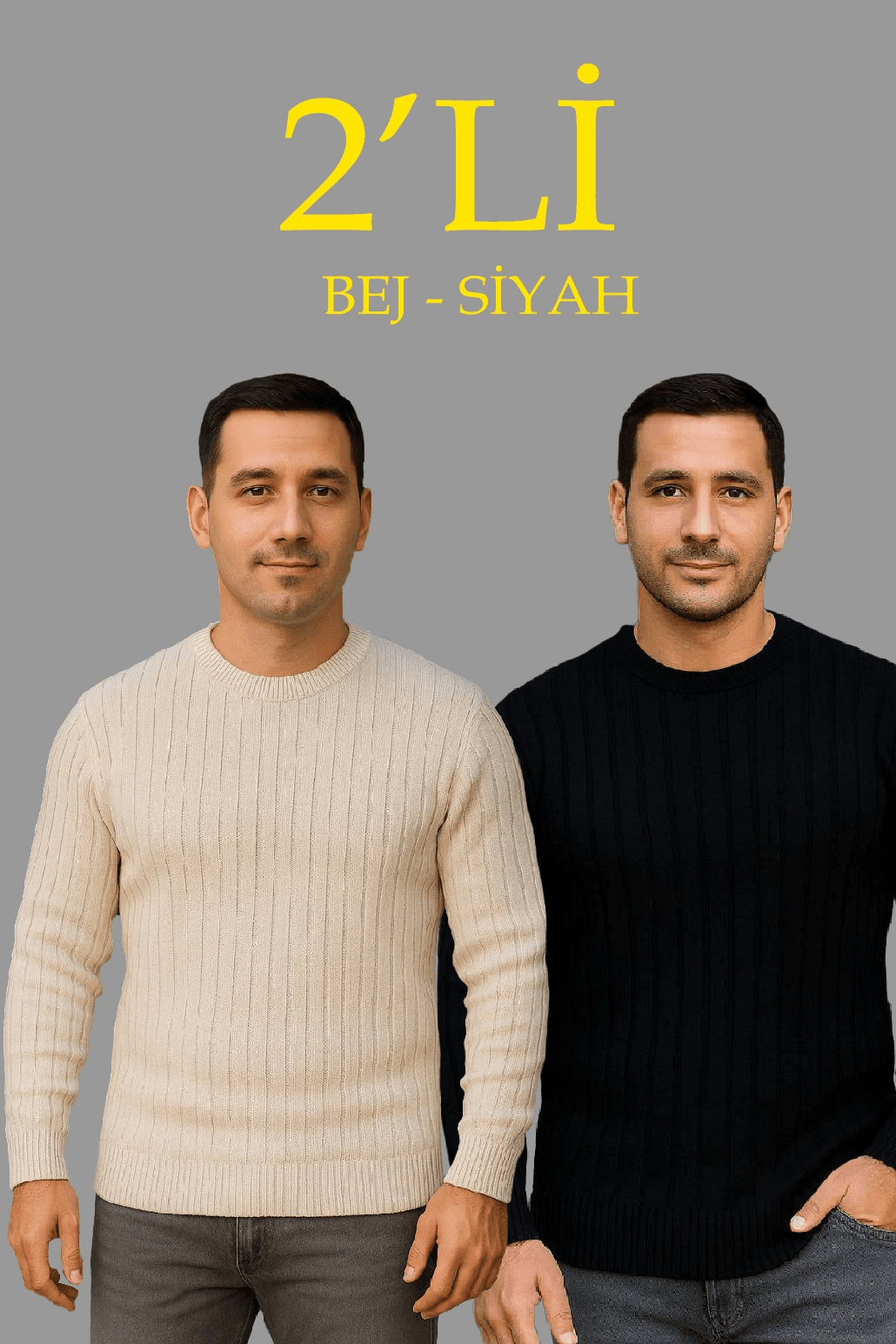 Erkek Fitilli Triko Kazak 2’li Set Bej Beyaz Kalın Dokuma Pamuklu Regular Fit Bisiklet