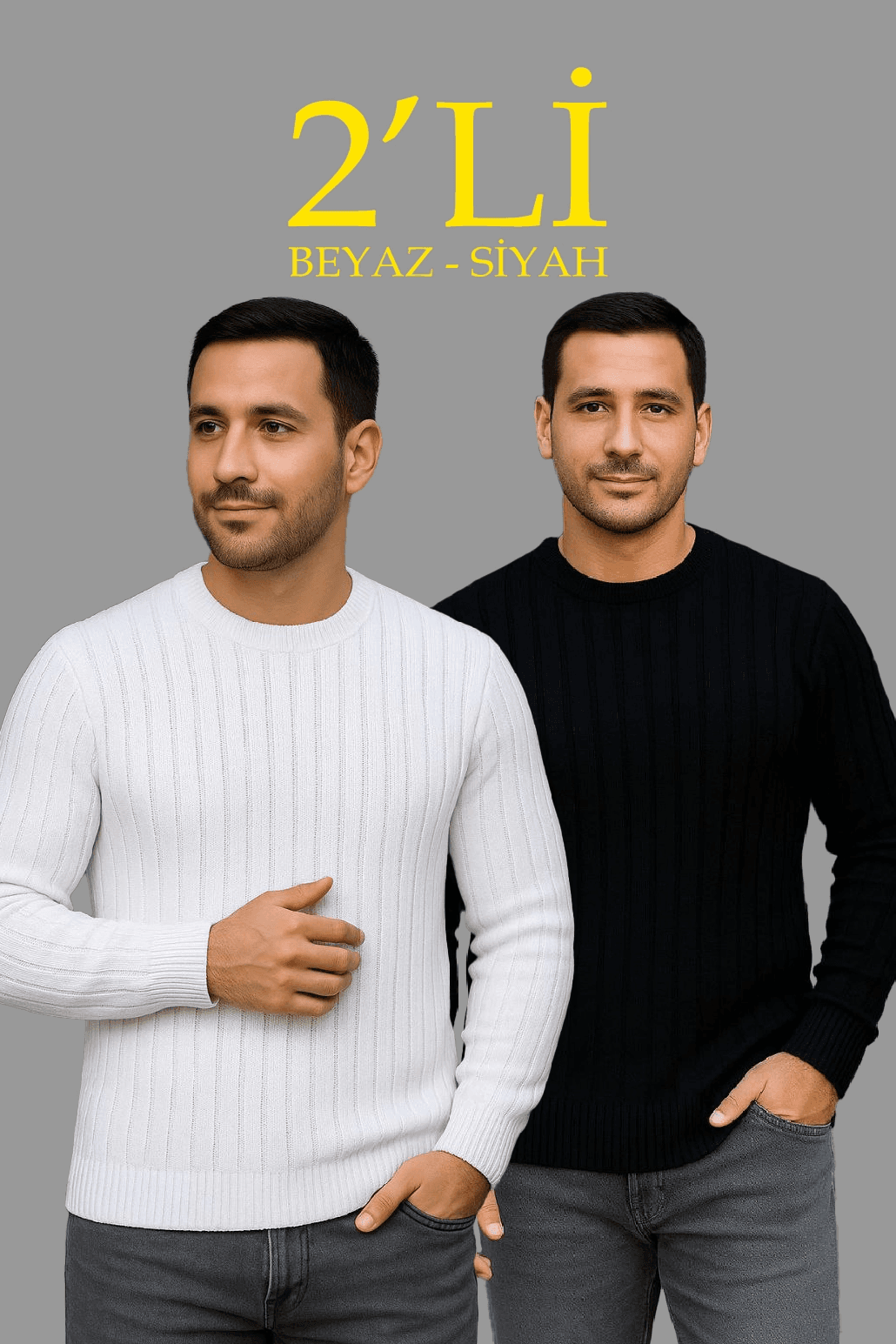 Erkek Fitilli Triko Kazak 2’li Set Siyah Beyaz Kalın Dokuma Pamuklu Regular Fit Bisiklet — görsel 1 / 8