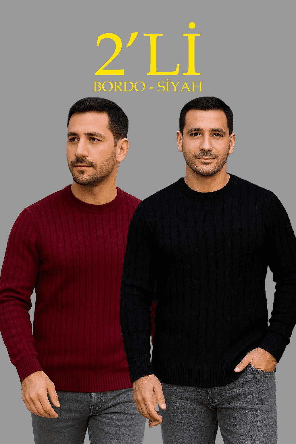 Erkek Fitilli Triko Kazak 2’li Set Siyah Bordo Kalın Dokuma Pamuklu Regular Fit Bisiklet