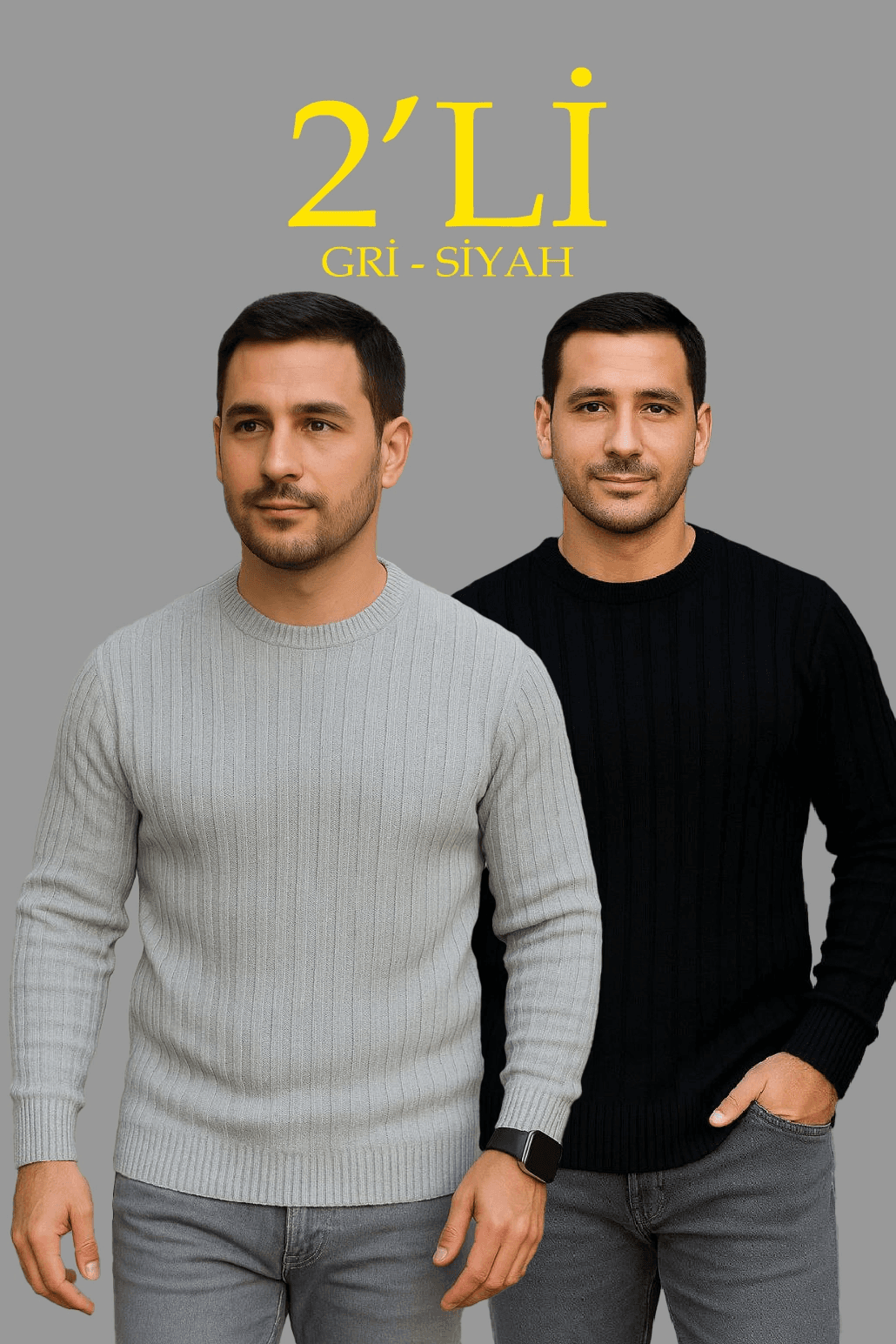 Erkek Fitilli Triko Kazak 2’li Set Siyah Gri Kalın Dokuma Pamuklu Regular Fit Bisiklet — görsel 1 / 8