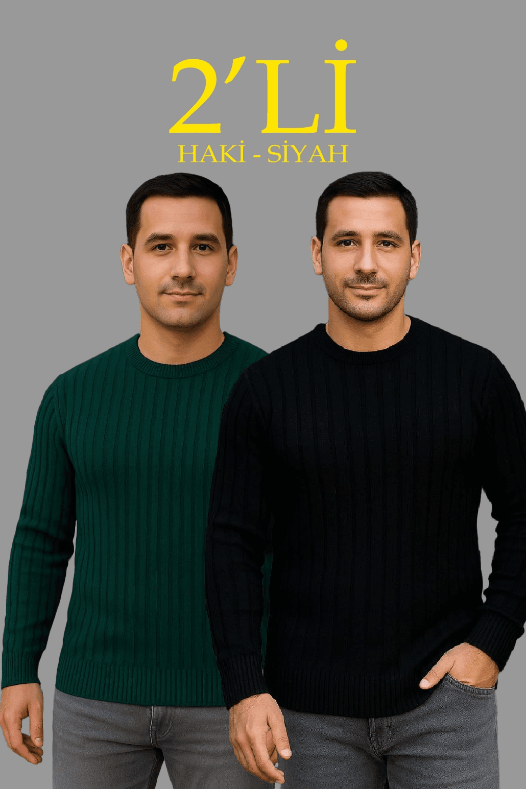 Erkek Fitilli Triko Kazak 2’li Set Siyah Haki Kalın Dokuma Pamuklu Regular Fit Bisiklet — görsel 1 / 8