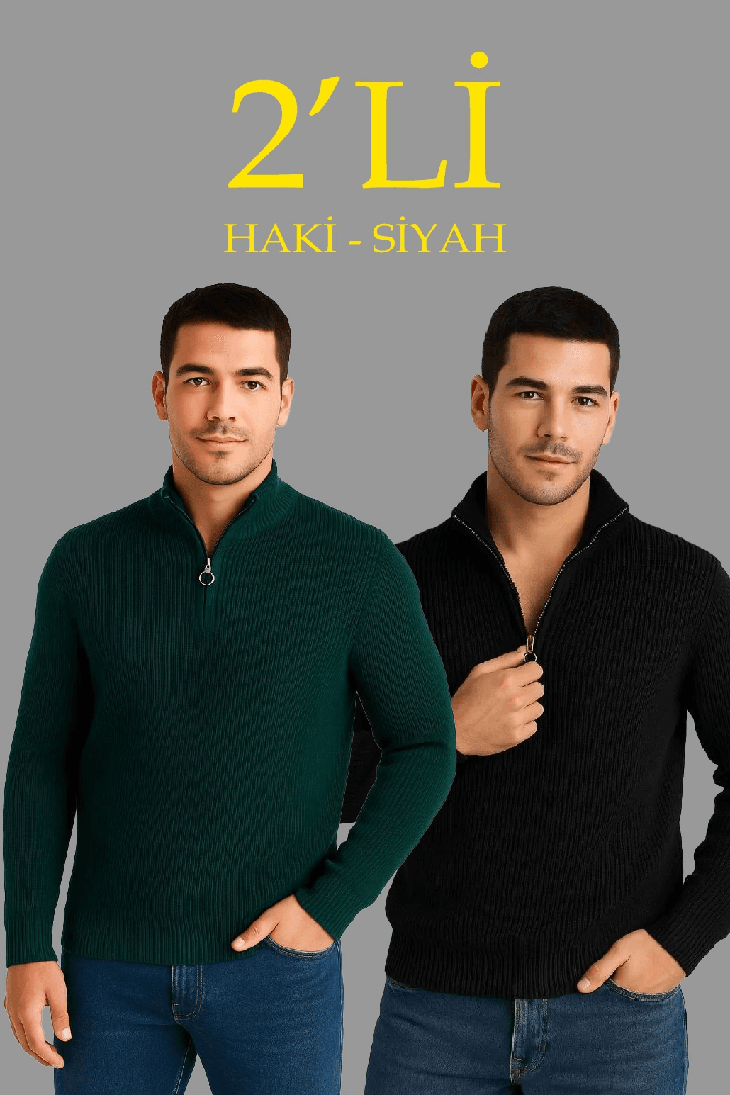 Erkek Fitilli Triko Kazak 2’li Set Siyah Haki Kalın Dokuma Pamuklu Regular Fit V Yaka