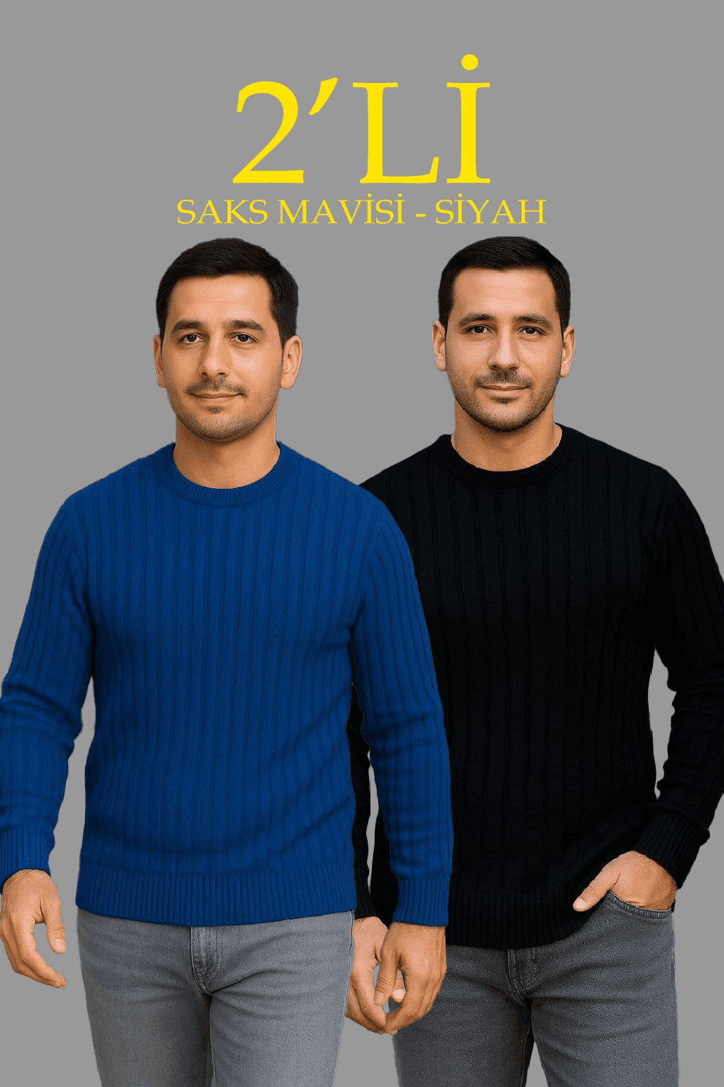 Erkek Fitilli Triko Kazak 2’li Set Siyah Saks Mavisi Kalın Dokuma Pamuklu Regular Fit — görsel 1 / 8