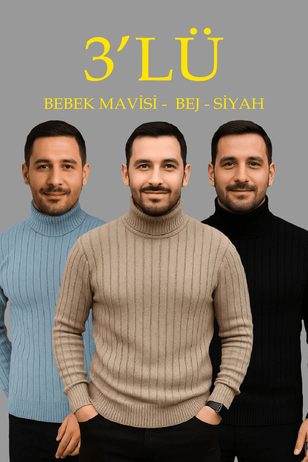 Erkek Fitilli Kazak Tam Boğazlı Balıkçı Yaka Triko 3'lü Set Bebek Mavisi-Bej-Siyah — görsel 1 / 8