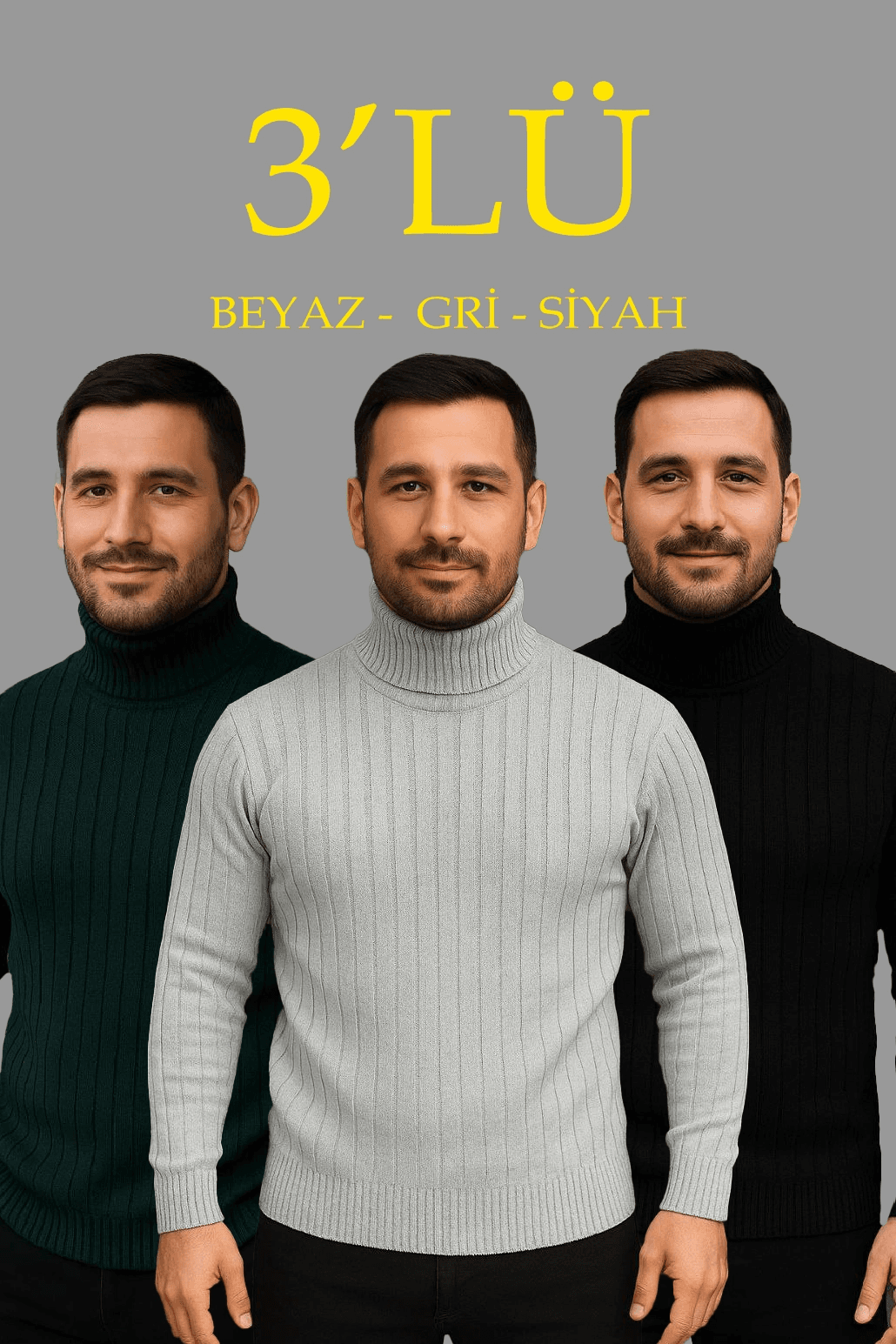 Erkek Fitilli Kazak Tam Boğazlı Balıkçı Yaka Triko 3'lü Set Gri-Haki-Siyah — görsel 1 / 8