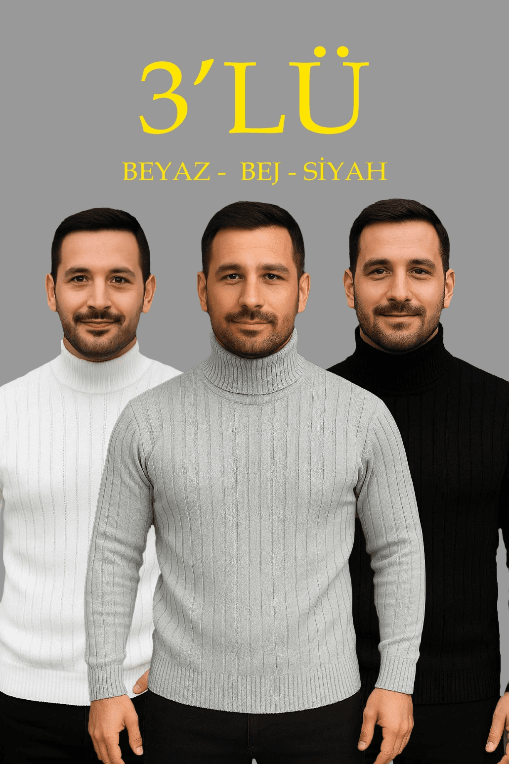 Erkek Fitilli Kazak Tam Boğazlı Balıkçı Yaka Triko 3'lü Set Beyaz-Gri-Siyah