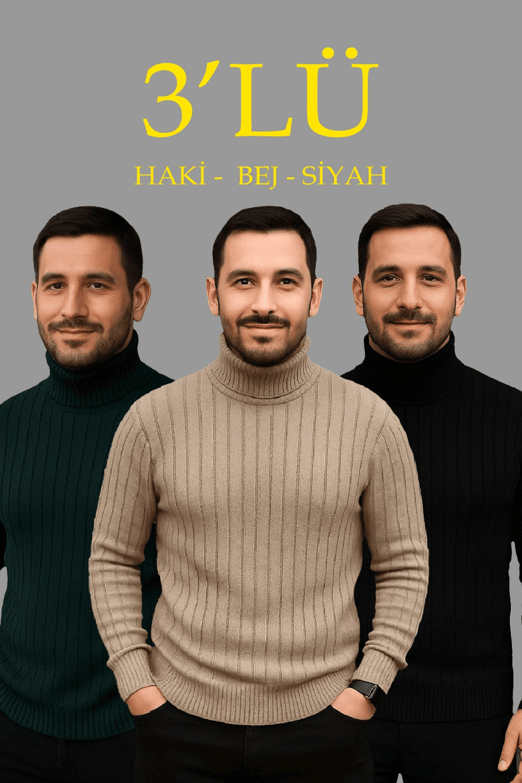 Erkek Fitilli Kazak Tam Boğazlı Balıkçı Yaka Triko 3'lü Set Bej-Haki-Siyah