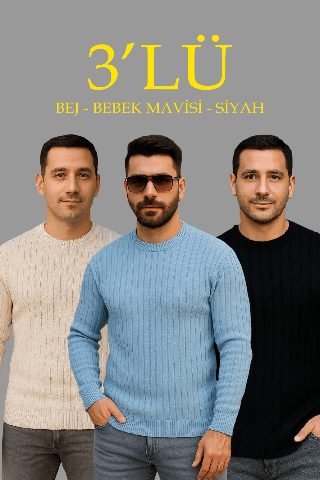 Erkek Fitilli Triko Bisiklet Yaka Kalın Kazak 3'lü Set Bej-Bebek Mavisi-Siyah